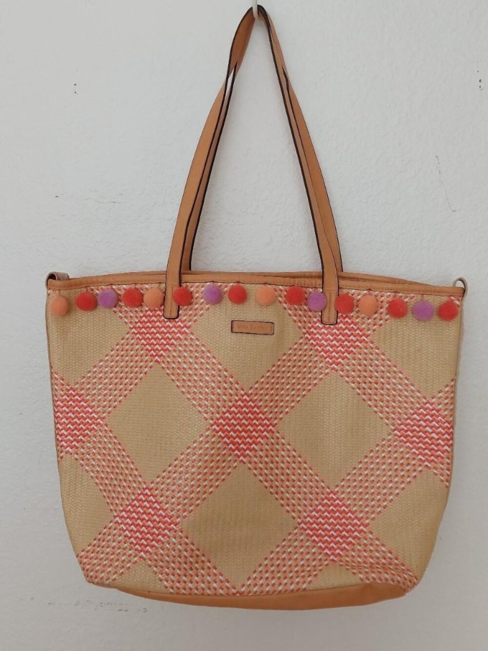 Vera Bradley Large Straw Beach Tote Woven Coral Purple Pink. Bird print Open Top